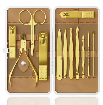 Immagine prodotto di Kit per la cura delle unghie, 12 pezzi, per manicure e pedicure, in acciaio inossidabile, con custodia da viaggio dorata