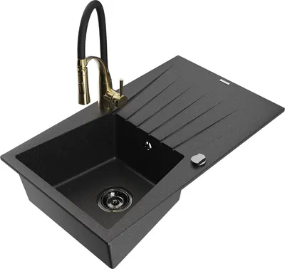 Produktbild von Mexen Cesar 1 Becken-Granitspüle mit Abtropffläche und Mischbatterie Aster, Schwarz/Silbermetallic - 6514-73-73450-57-B