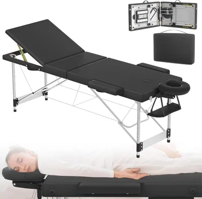 Image de ACXIN table de massage en aluminium pliable et réglable en hauteur avec 3 zones, capacité de charge 230 kg, rembourrage en mousse de 8,5 cm, sac de transport, appui-tête et accoudoirs latéraux inclus (noir)