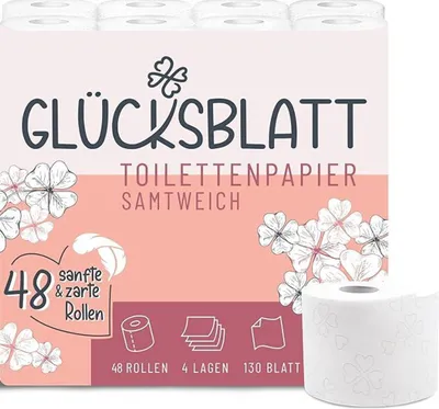 Produktbild von Glücksblatt Toilettenpapier SAMTWEICH, 4-lagig, 48 Rollen x 130 Blatt, 100% Zellstoff, superweiches Klopapier mit Glücks-Prägung
