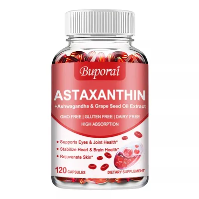 Obrázok produktu pre Astaxantín + Ašvaganda a extrakt z hroznových jadierok (120 kapsúl) Výživový doplnok, Srdce, Krvný obeh, Imunitný systém, Metabolizmus, Pokožka