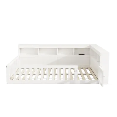 Produktbild von Flieks Kinderbett Bodenbett 140x200cm mit USB und Tür, Doppelbett Holzbett Tagesbett Kinder mit Regal, Klassisches Kinderbett mit Rausfallschutz, Weiß