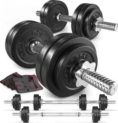 Produktbild von Hop-Sport 2in1 Kurzhanteln & Langhantel Set - Gusseisen Hanteln Set 30 kg mit Verbindungsrohr - inkl. Trainingshandschuhe
