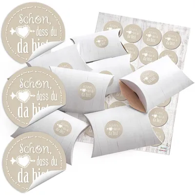 Produktbild von 24 kleine Geschenkschachteln Geschenk-Boxen Kartons Holz Optik weiß 14,5 x 10,5 cm, 3 cm hoch + Aufkleber SCHÖN DASS DU DA BIST beige Ø 4 cm zum selber basteln und befüllen