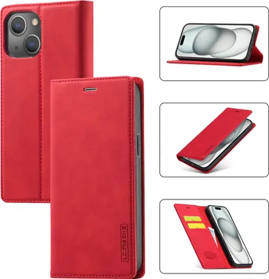Produktbild von iPhone 15 Plus Hülle, Standfunktion Kartenfach Wallet Leder Schutzhülle für iPhone 15 Plus Rot