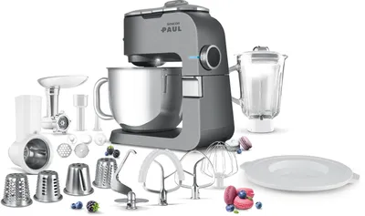 Obrázek produktu pro SENCOR STM 7900 Kuchyňský robot, robustní celokovové tělo, 6 l nerezová nádoba, 1,5 l skleněný mixér, masomlýnek, 4 nástavce, LED osvětlení, výkon 1 500W