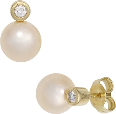 Produktbild von JOBO Ohrstecker 585 Gelbgold 2 Süßwasser Perlen 2 Diamanten Brillanten Ohrringe