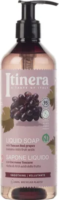 Obrázek produktu pro Tekuté mýdlo na ruce Itinera Smoothing s červenými hrozny z Toskánska - 370 ml - 95 % přírodních složek - Vyživující složení s aloe vera a glycerinem - Ekologický obal