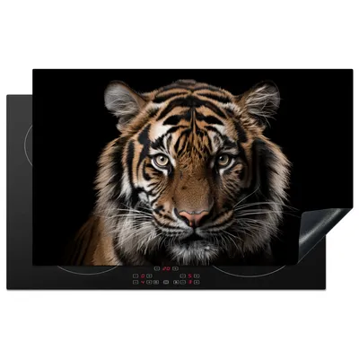 Produktbild von KitchenYeah© Herdabdeckplatte Tiger - Porträt - Schwarz - Tier , 85x52cm, Küche Deko, Glaskeramikkochfeld Herdabdeckung, Abdeckplatte fùr Kochfeld