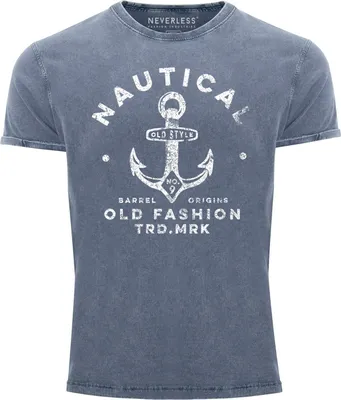 Produktbild von Herren Vintage Shirt Anker Motiv Nautical Old Fashion Printshirt Used Look Slim Fit Neverless® blau L
