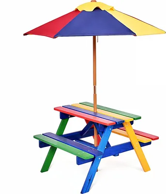 Produktbild von Dreamade Garten Kindersitzgruppe, 2-Sitzer, mit Sonnenschirm, farbenfroh, Tannenholz Polyester, 79x71x52.5 cm (LxBxH), max. 40 kg