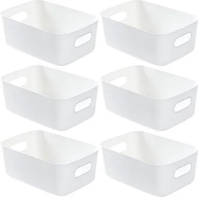 Immagine prodotto di Set di 6 contenitori multifunzionali bianchi con maniglie – 25 x 17 x 10 cm, in PP, impilabili, ideali per cucina, bagno e armadio