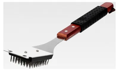 Produktbild von Grillbürste mit Holzgriff aus Edelstahl, rutschfest mit Aufhänge-Seil, effektives Zubehör zur Grillreinigung