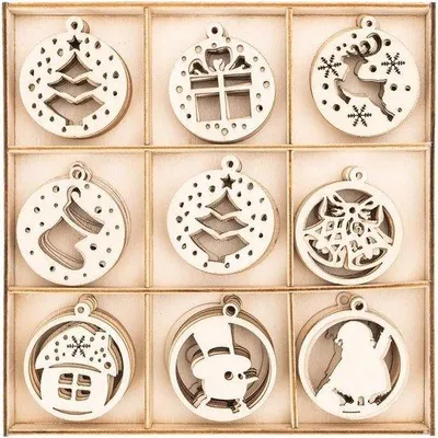 Productafbeelding van Houten decoratieset met 8 verschillende houtsoorten, tafeldecoratie, houten doos, 63-delig.