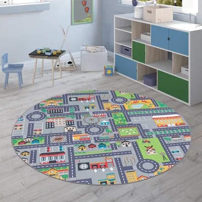 Produktbild von Kinderteppich Teppich Rund Grau Kinderzimmer Spielteppich Straßenteppich Modern Grösse 200 cm Rund