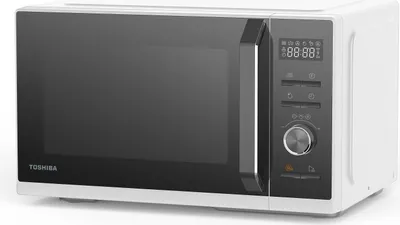 A white Toshiba microwave oven with a black door and control panel, shown from a slightly angled front view on a white background.
