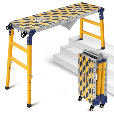 A yellow and blue folding work platform with wheels is shown in an open position on stairs, and also folded.
