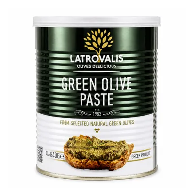 Latrovalis Grüne Olivenpaste 840 g Dose auf weißem Hintergrund