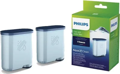 Two water filter cartridges and a product box for a Philips AquaClean water filter.