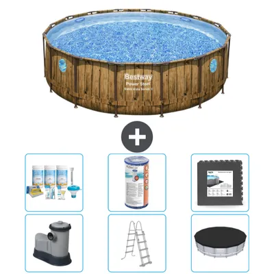 Obrázok produktu pre Bazén Bestway Round Power Steel Swim Vista - drevená potlač - 488 x 122 - vrátane čerpadla - rebríka - krytu - filtra - dlažby