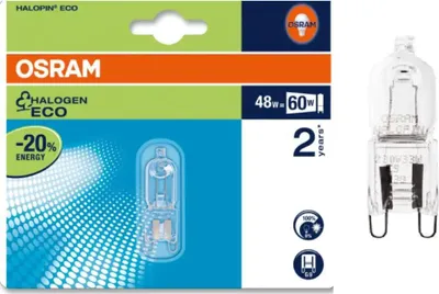 A product package for an OSRAM Halogen Eco light bulb, with the bulb itself shown separately to the right.