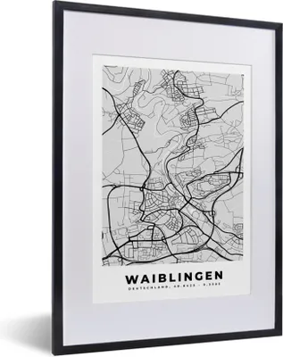 Produktbild von MuchoWow® Gerahmtes Poster Stadtplan - Waiblingen - Karte - Deutschland 30x40 cm - Poster mit Schwarzem Bilderrahmen Wandposter Rahmen Foto Bilder - Wandposter Schlafzimmer