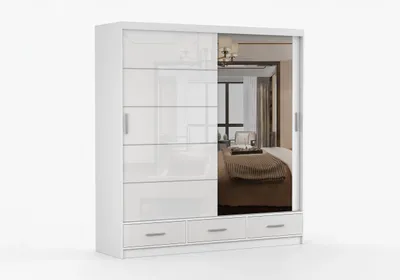 Produktbild von FRENCE Schwebetürenschrank Kleiderschrank 200 cm Weiß Matt/Weiß Hochglanz mit Spiegel, Schubladen, Schiebetürenschrank