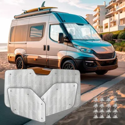 Produktbild von Thermomatten Set IVECO DAILY 2002-2014 – 3-teilig Sonnenschutz & Wärmeschutz für Frontscheibe & Seitenfenster, faltbar