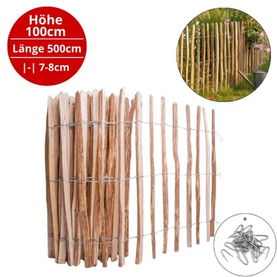 Produktbild von Staketenzaun Haselnuss 5m natur Gartenzaun Haselholz 100 cm Abstand 7–8 cm