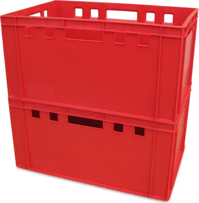 Two red plastic crates stacked on a white background.