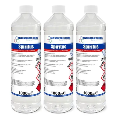 Produktbild von Ravensberger Chemie Spiritus Alkohol - vielseitiger Ethanol-Reiniger für Haushalt, Auto & Werkstatt, ideal als Brennspiritus & Frostschutz - 3x 1 L