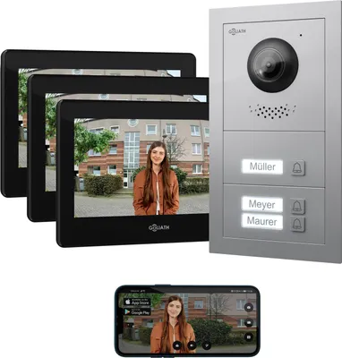 Produktbild von GOLIATH Basic 2-Draht BUS Türsprechanlage | FullHD | App | 150° | 3 Fam | Silber/Schwarz | Unterputz