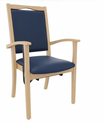 Produktbild von Seniorenstuhl Alexander Hochlehner mit Aufstehhilfe – Hochlehner Pflegestuhl mit Aufstehhilfe und Armlehnen – Massivholzstuhl stabil und Pflegeleicht.Stoffbezug:Clean-Kunstleder Walter Blau,Bodengleiter:Kunststoff Weiss