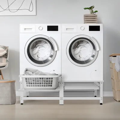Produktbild von ML-Design Doppel Waschmaschinen-Untergestell mit 2 ausziehbaren Ablagen, Weiß, Stahl, bis 150kg, Waschmaschinensockel, Doppeluntergestell Doppelpodest