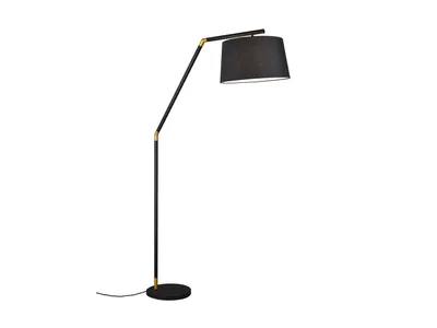 A modern arc floor lamp with a black fabric shade and gold accents, presented against a white background.