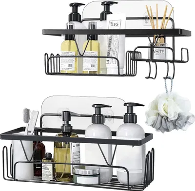 Produktbild von 2er Set Duschablage ohne Bohren,Duschregal zum hängen mit 8 Haken,Duschregal aus Edelstahl Regal Selbstklebend für das Badezimmer & Küche - Schampoo Halterung, Belastbar Max.6KG,Duschkorb,Schwarz