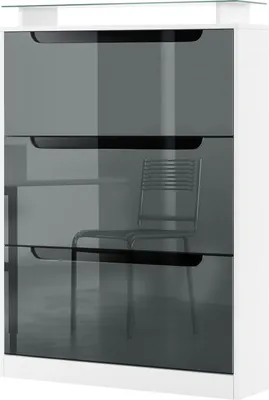 Produktbild von Vladon Schuhschrank Space, Germany, Schuhkipper für 24 Paar Schuhe mit 3 Klappen und Glasablage, Weiß matt/Grau Hochglanz mit Absetzungen in Schwarz Hochglanz (89 x 128 x 23 cm)