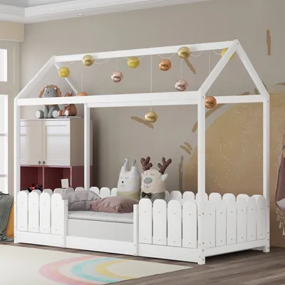 Obrázek produktu pro MODFU dětská postel domeček postel 90 x 200 cm hrací postel dětský domeček s ochranou proti pádu a lamelovým roštem, krásná dětská postýlka z borovicového dřeva, bílá (bez matrace)