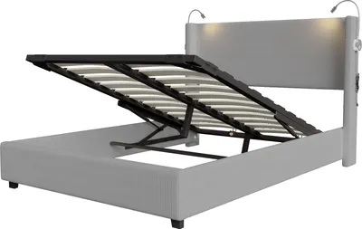 Obrázek produktu pro Čalouněná postel 140 x 200 cm s úložným prostorem, lampičkou na čtení a nabíjecím portem USB, šedá
