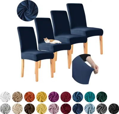 Produktbild von MEBLE ODNOWA, Stuhlhusse, Stuhlbezug, Standardgröße, Samt, Navyblau, 4er Set, Velours, elastisch, Stuhlbezüge, Stuhlhussen, maschinenwaschbar