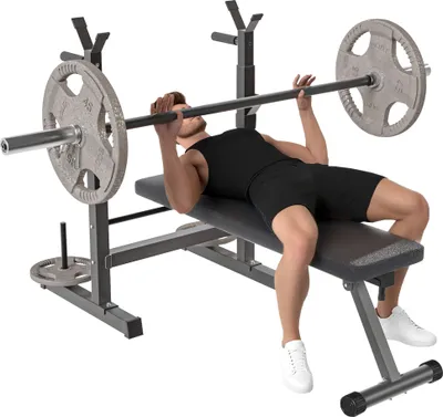 Zdjęcie produktu dla Ławka treningowa HOMCOM z regulacją, składana ławka treningowa ze stojakiem na ciężary, ławka fitness do domu, stal, czarno-szara