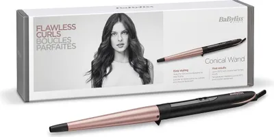 A product box for a BaByliss Conical Wand hair curler, with the product itself placed in front of the box.