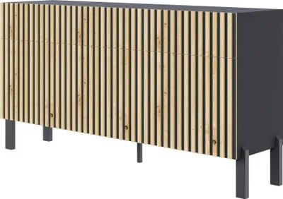 Produktbild von Selsey Telire - Sideboard 3-türig mit drei Schubladen und Lamellenfront, 154 cm – Schwarz / Eiche Artisan