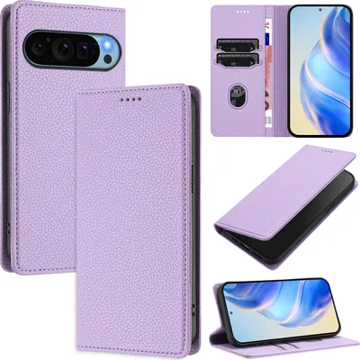 Produktbild von Litchi Leder Handyhülle für Google Pixel 10 / Pixel 10 Pro Wallet Kartenfächer Standfunktion Hülle Violett