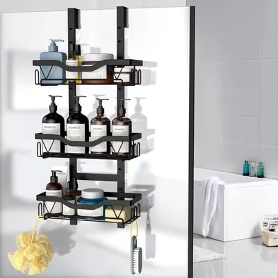 Image de Etagère de douche suspendue - Inoxydable et sans perçage - 2 niveaux - Noir