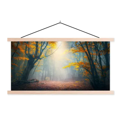 Obrázok produktu pre MuchoWow® Textilný plagát - Les - hmla - jeseň - 150x75cm - S hnedými lamelami