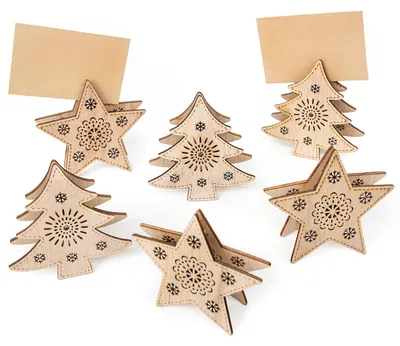 Produktbild von 6 Tischkartenhalter Sterne + Bäume aus Holz Weihnachtsklammer 9 cm