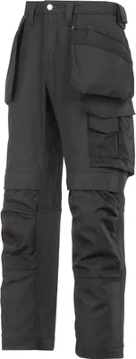 A pair of black work pants with multiple pockets.