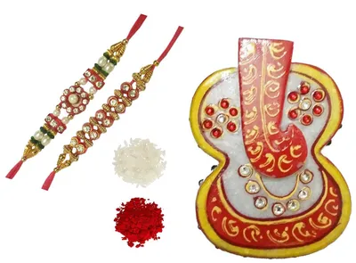 Rakhi-Geschenkset: Marmor-Chopra, 2 Armbänder, Roli Tika
