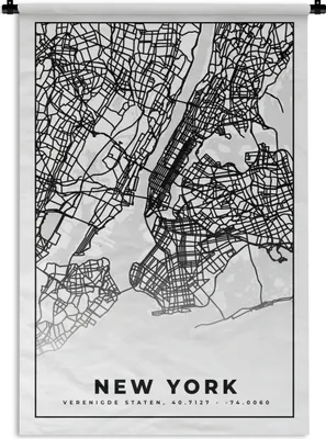 Produktbild von MuchoWow® Wandteppich Wandbehang New York - Stadtplan - Schwarz und weiß - Karte 60x90 cm Tapisserie Dekoration Wandtuch - Foto-Teppich - Abwaschbar